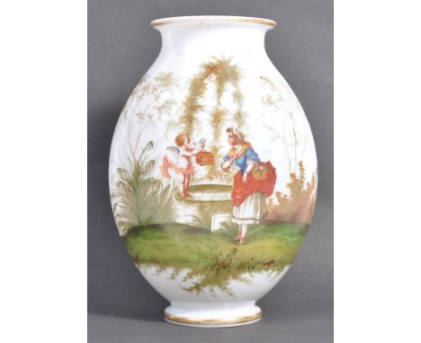 A fine 19th century Victorian continental milk glass Harvest vase, hand painted to both sides. The front depicting a vignette