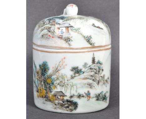 An early 20th Century Chinese Republic period antique porcelain tea caddy and cover with matching tea bowl cup. Hand painted 