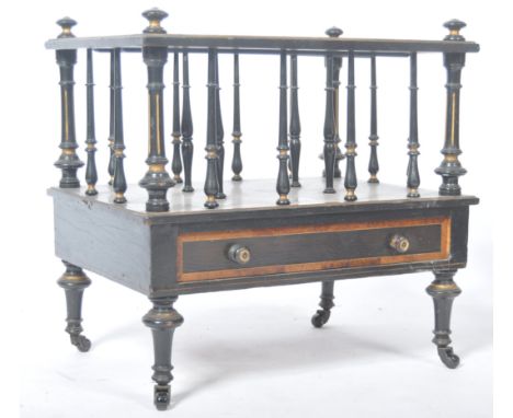 A superb 19th Century Victorian English antique ebony &amp; amboyna wood canterbury magazine rack of square form having turne