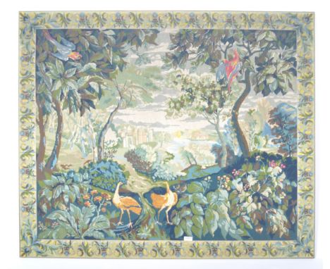 A large and impressive 19th Century antique tapestry depicting a dense forest with birds of paradise, flora and trees. Castle