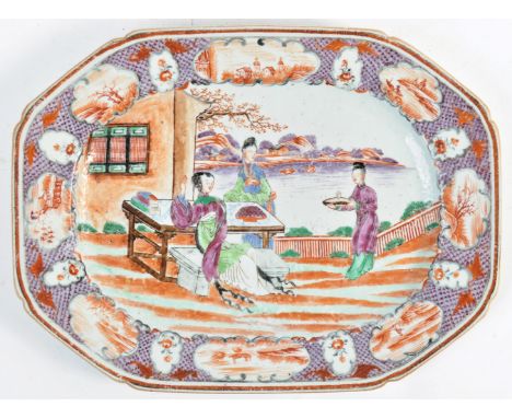 An 18th Century Chinese antique Qianlong period porcelain serving platter tray. The plate of canted octagonal form with puce 