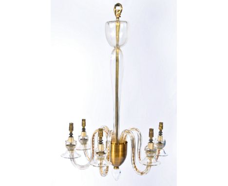 A 19th century Victorian six branch brass and glass chandelier. The brass column and bowl with glass outer having 6 glall scr