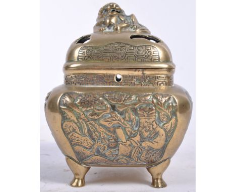 A 19th Century Chinese antique bronze / brass metal incense burner censer ding prayer bowl and cover having a reclined Foo Do