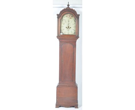 A 19th Century Georgian English antique stained pine 8 day longcase grandfather clock marked for Warry Bristol. The case hous