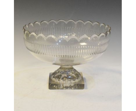 19th Century cut glass bowl standing on a square moulded lemon squeezer type foot   Condition: 