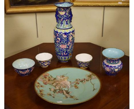 Chinese floral patterned enamel baluster shaped vase, three similar bowls and a Japanese cloisonné dish decorated with birds 