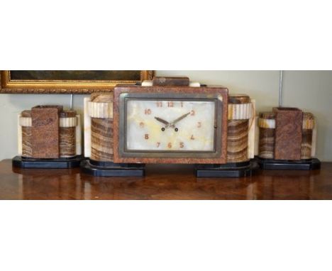 Art Deco design onyx marble and slate cased garniture de cheminee, the clock dial with Arabic numerals, brass movement striki