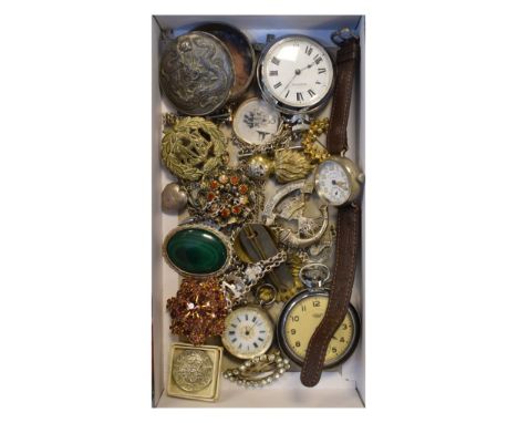 Silver cased fob watch, two pocket watches, wristwatch, costume jewellery etc   Condition: 