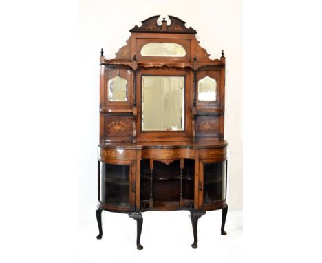 Edwardian boxwood inlaid rosewood veneered and beech serpentine front chiffonier, the raised mirror panel back fitted two ope