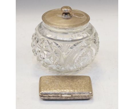 George V cut glass powder bowl, the engine turned silver cover hallmarked for London 1921 and a Victorian engraved silver cig