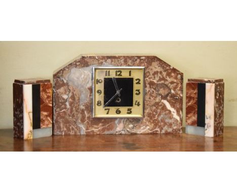 Art Deco design marble and slate garniture de cheminee, the clock dial with Arabic numerals, width of clock 37.5cm   Conditio