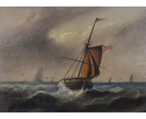 19th Century English School - Oil on board - Stormy seascape with sailing vessel, unsigned, 22cm x 29.5cm, framed   Condition