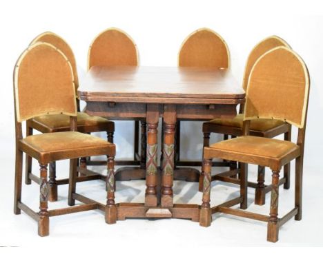1930's period oak seven piece dining suite comprising: panel top refectory style drawleaf table, the turned supports with pol