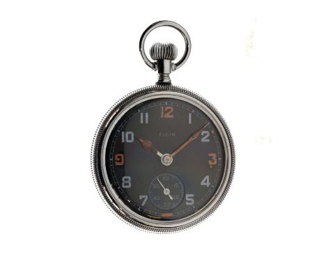 Elgin World War II Military black faced top wind pocket watch, British Army issue, the back engraved G.S.T.P., 303743,XX and 