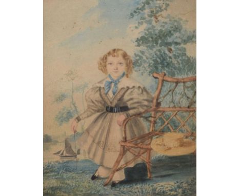 19th Century English School - Watercolour - Full length portrait of a young girl standing on a river bank, unsigned, 19cm x 1
