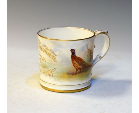 Grainger's Worcester mug having painted decoration depicting a pheasant in a landscape and script 'L.S.Pitman, July 8th 1899'