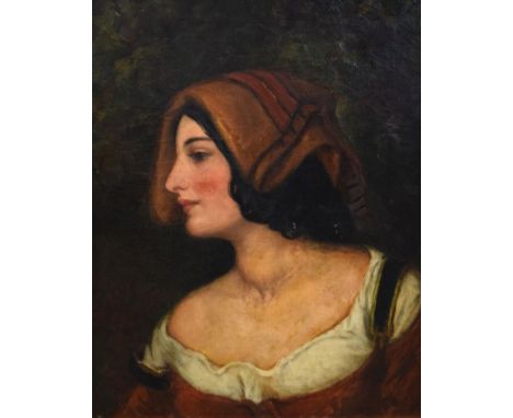 19th Century Continental School - Oil on canvas - Head and shoulders portrait of a lady, unsigned, 60cm x 45cm, framed   Cond