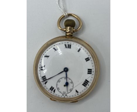An early 20th century 9ct gold open faced pocket watch, the white enamel dial having Roman numerals and subsidiary seconds di