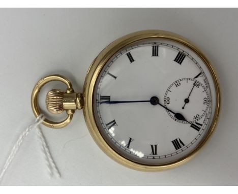 An early 20th century 9ct gold open faced keyless wound lever pocket watch, the white enamel dial having black Roman numerals