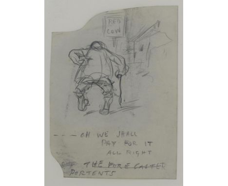 Attributed to Ernest Howard Shepard 1879-1976 - a street scene of an elderly man walking with a stick with Red Cow pub sign, 