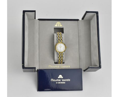 A ladies Swiss made Maurice Lacroix quartz wristwatch with white enamel dial having gilt Roman numerals and date aperture. On