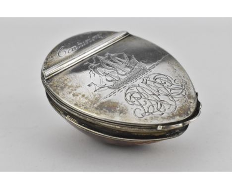 A late 18th/19th century snuff box formed from a Cypraea Tigris seashell with a silver coloured metal band and hinged lid, gi