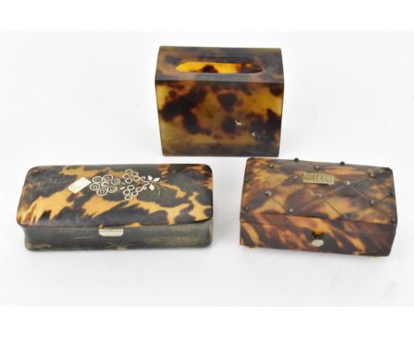 Two early 19th century white metal inlaid tortoiseshell boxes, one a ring box, 6.3cm w with a wooden carcass, the other a snu