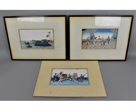 Three Chinese rice paper paintings, to include one depicting a court scene with an imperial member dictating a scholar painti