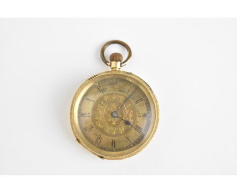 A late 19th century Swiss 18ct gold fob watch in an engine turned case with gilt dial having Roman numerals and blued hands, 