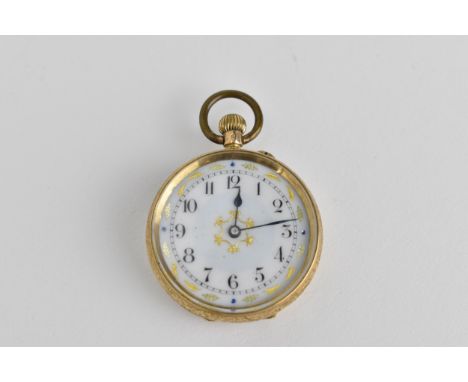 A late 19th/early 20th century 14ct gold fob watch in an engine turned case with white dial having gilt decoration of leaves 