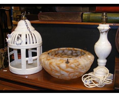 A table lamp, together with a hanging decorative birdcage, etc. 