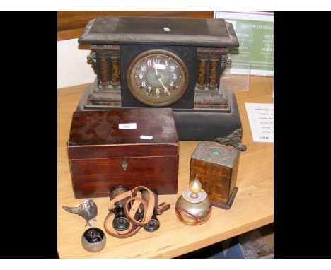 Various collectables including mantel clock, Isle of Wight glass scent bottle