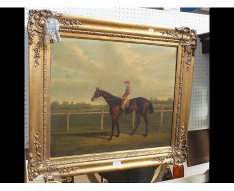 A Victorian oil on canvas portrait of racehorse and jockey, in decorative gilt frame - 50cm x 60cmCONDITION REPORTWe have att