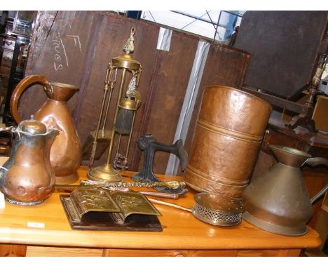 A selection of metal ware, including fireside tools 