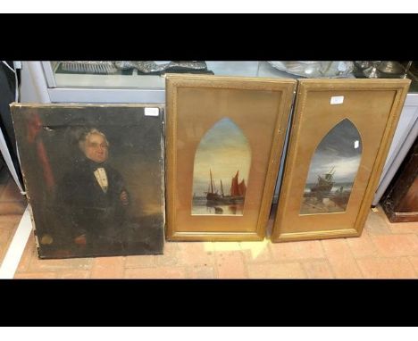 A pair of oils of shoreline scenes, together with a portrait of Georgian gentleman
