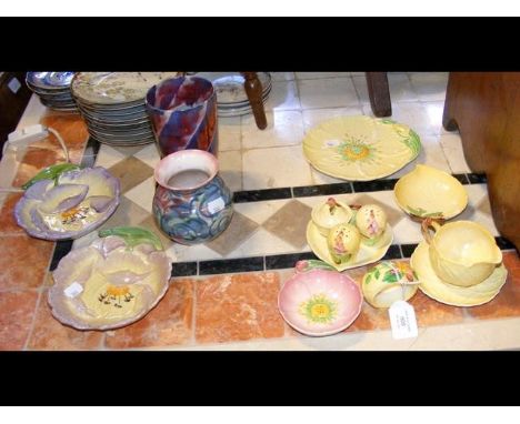 Two Julian Belmont High Street pottery vases, together with two Beswick 'Gardena' ware moulded pottery dishes and various Car