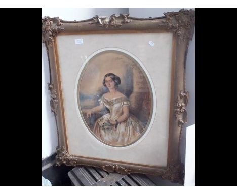An oval Victorian portrait of seated lady in gilt frame - 65cm x 55cm