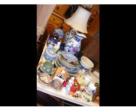 A medley of ceramic collectables, including blue and green Jasper ware by Wedgwood 