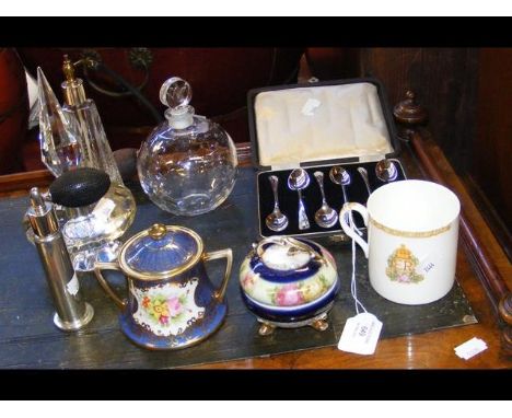 A Japanese Noritake pot with lid, a collection of perfume bottles, including a Lalique, France star design and a cased set of