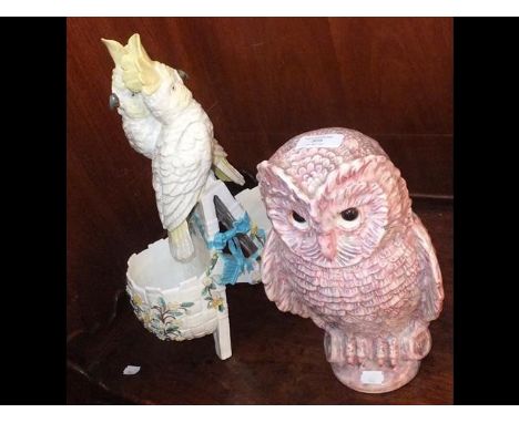 Ceramic parrot ornament together with pottery owl