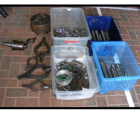 A large selection of lathe centres and lathe tools including chuck