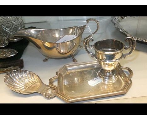 A silver cream jug, miniature tray, miniature trophy and caddy spoon