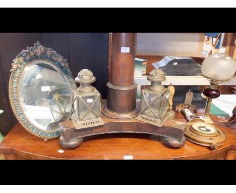 A dressing table mirror, barometer, oil lamp etc