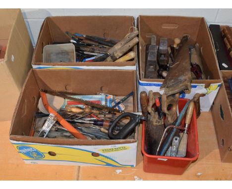Four boxes containing an assortment of tools including planes, saws, spanners etc 