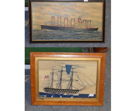 A Victorian embroidered sailor work ship picture, later frame; and an oil portrait of a steamship ''Beaverglen'' (2) 