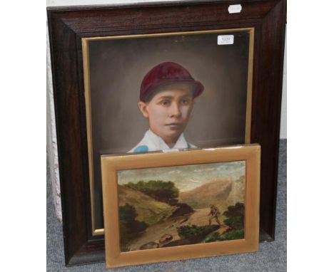 English school (19th/20th century), Portrait of a jockey, painted print, 47.5cm by 37.5cm and a British school (19th century)