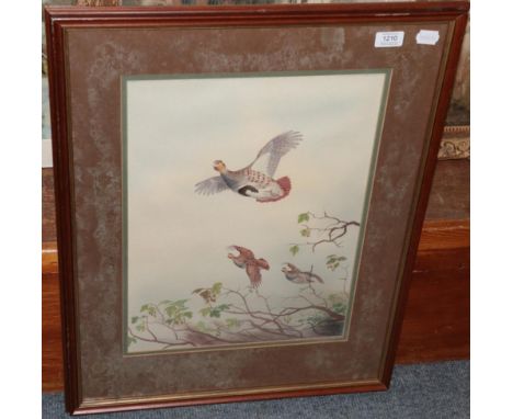R W Milliken, Partridges in flight, watercolour, signed lower right 
