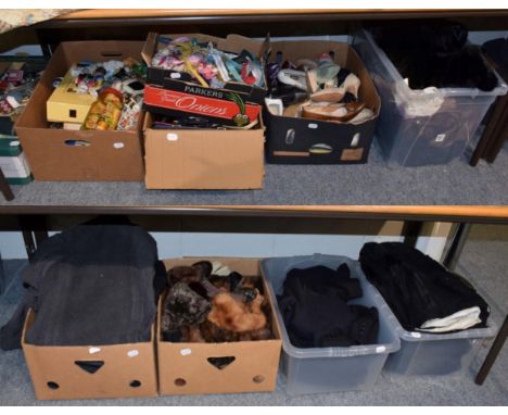 Quantity of assorted gents suits, blue wool suits, evening wear, ladies shoes and handbags, overcoats, furs, haberdashery inc