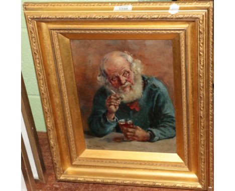 Herbert J Finn, Old man smoking a pipe, signed and indistinctly dated, oil on board, 30cm by 23cm