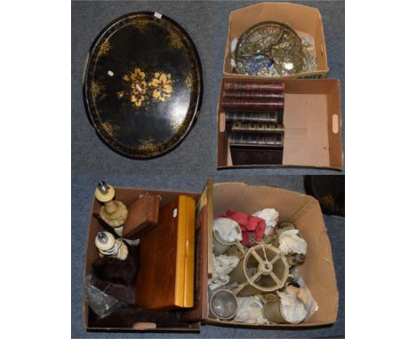 A quantity of items to include: two chandeliers, two table lamp bases, a quantity of hand coloured engravings on hunting and 